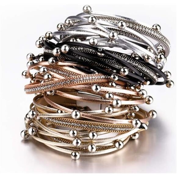 Leather Wrap Bracelets for Women, Boho Leopard Multi-Layer Crystal Beads Cuff - Picture 6 of 7